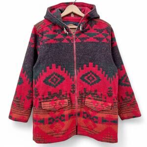 Vintage Woolrich Aztec Southwestern Hooded Wool Chore Coat M Pattern Print Red